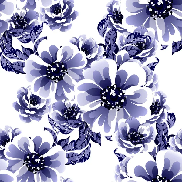 Patrón Flores Estilo Vintage Monocromo Azul Sin Costuras — Vector de stock