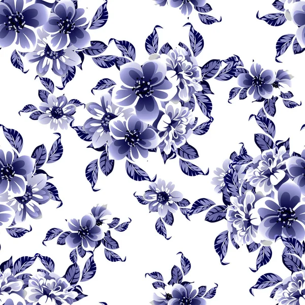 Kusursuz Mavi Monokrom Klasik Çiçek Deseni — Stok Vektör
