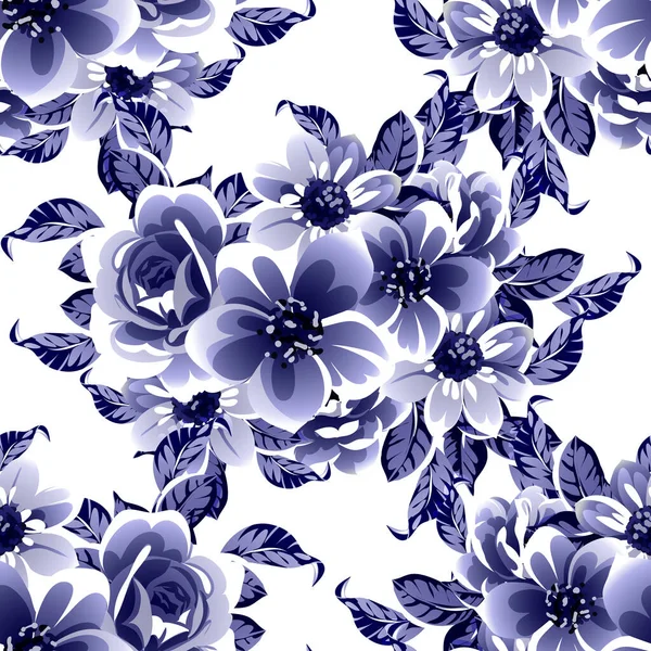 Patrón Flores Estilo Vintage Monocromo Azul Sin Costuras — Vector de stock