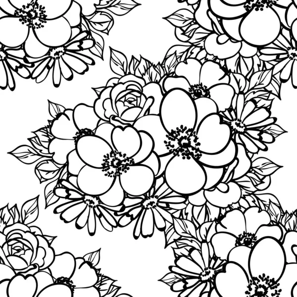 Inconsútil Patrón Flores Estilo Vintage Monocromo — Vector de stock