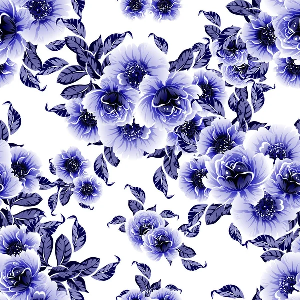 Patrón Flores Estilo Vintage Monocromo Azul Sin Costuras — Vector de stock