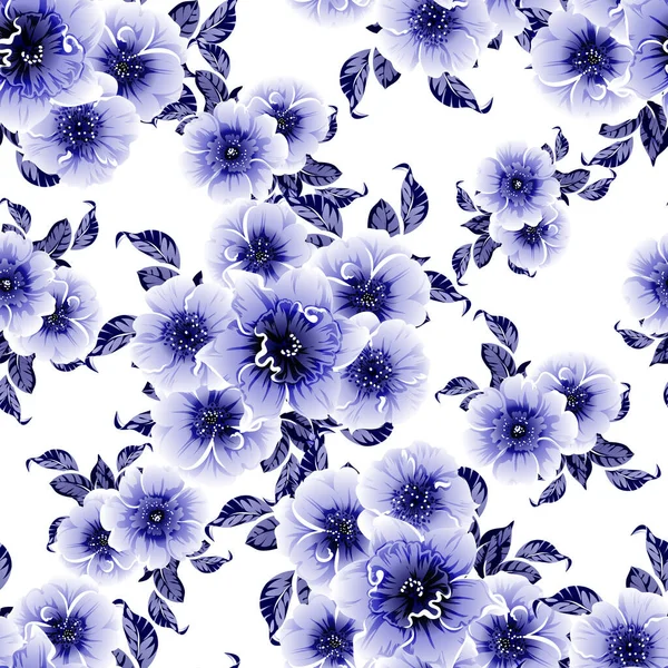 Seamless Blue Monochrome Vintage Style Flowers Pattern — Stock Vector