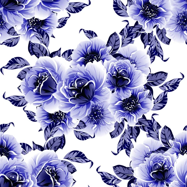 Sans Couture Bleu Monochrome Motif Fleurs Style Vintage — Image vectorielle