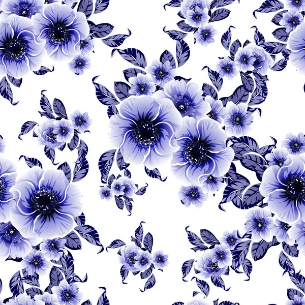 Seamless Blue Monochrome Vintage Style Flowers Pattern — Stock Vector