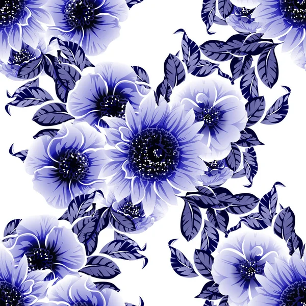 Azul Sem Costura Monocromático Estilo Vintage Padrão Flores — Vetor de Stock