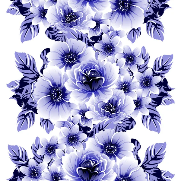 Azul Sem Costura Monocromático Estilo Vintage Padrão Flores — Vetor de Stock