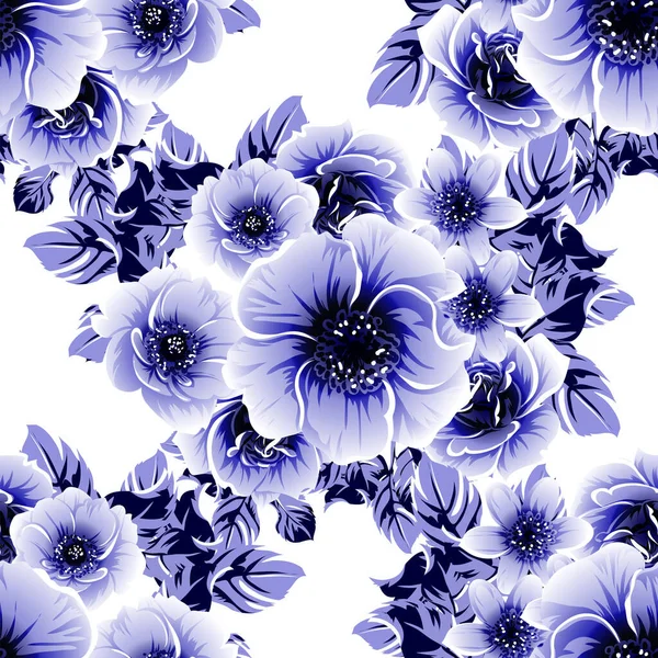 Azul Sem Costura Monocromático Estilo Vintage Padrão Flores — Vetor de Stock