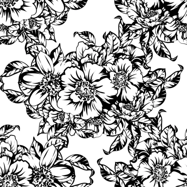 Modèle Fleurs Sans Couture Style Vintage Monochrome — Image vectorielle