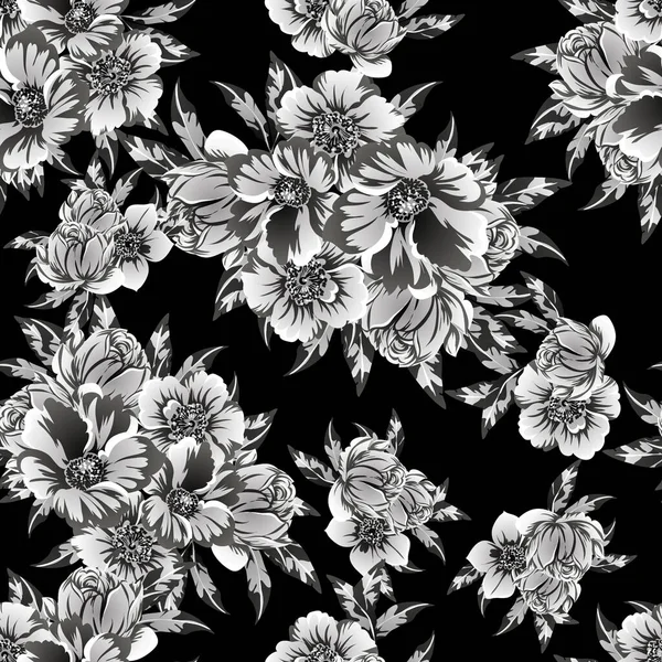 Seamless Monochrome Vintage Style Flowers Pattern — Stock Vector