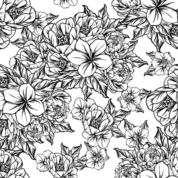 Inconsútil Patrón Flores Estilo Vintage Monocromo — Vector de stock