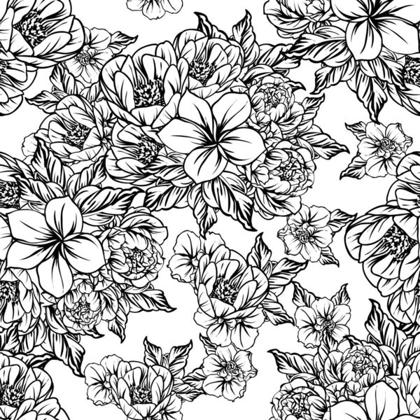 Seamless monochrome vintage style flowers pattern