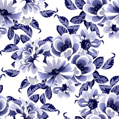 Kusursuz mavi monokrom klasik çiçek deseni
