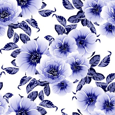 Kusursuz mavi monokrom klasik çiçek deseni