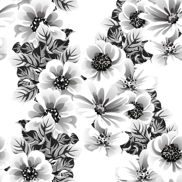 Seamless Monochrome Vintage Style Flowers Pattern — Stock Vector