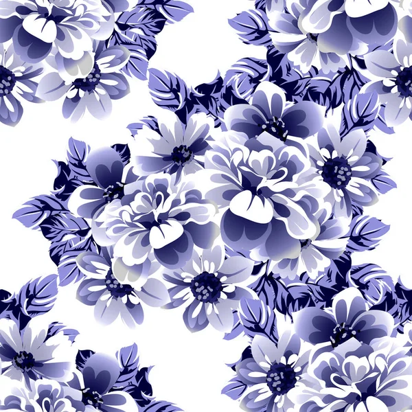 Απρόσκοπτη Μπλε Μονόχρωμη Vintage Στυλ Λουλούδια Μοτίβο — Διανυσματικό Αρχείο
