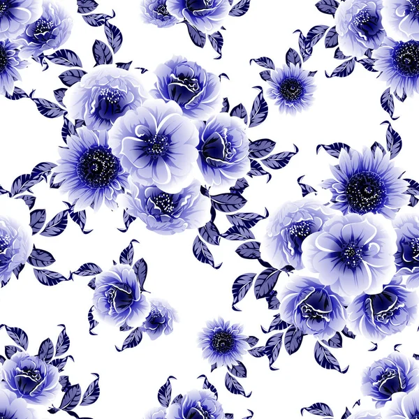 Patrón Flores Estilo Vintage Monocromo Azul Sin Costuras — Vector de stock