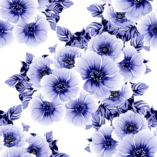 Płynny Niebieski Monochromatyczne Vintage Styl Kwiaty Wzór — Wektor stockowy