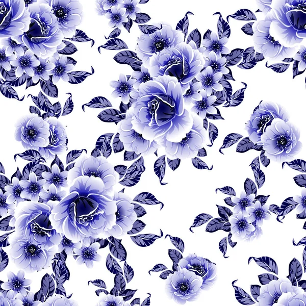 Patrón Flores Estilo Vintage Monocromo Azul Sin Costuras — Archivo Imágenes Vectoriales