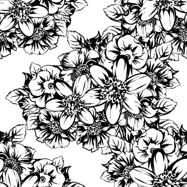 Senza Soluzione Continuità Modello Fiori Stile Vintage Monocromatico — Vettoriale Stock