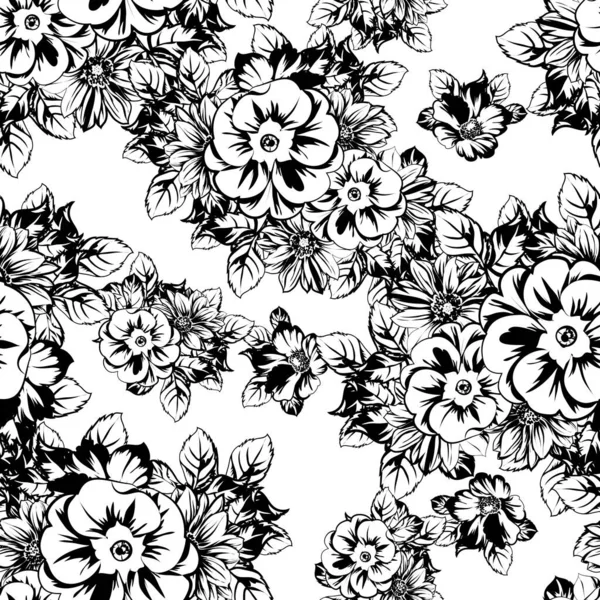 Modèle Fleurs Sans Couture Style Vintage Monochrome — Image vectorielle