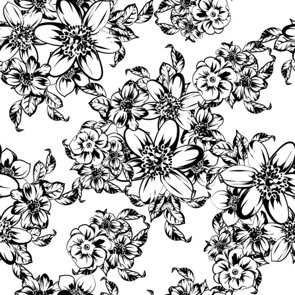 Senza Soluzione Continuità Modello Fiori Stile Vintage Monocromatico — Vettoriale Stock