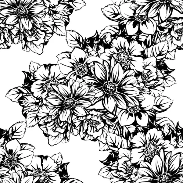 Inconsútil Patrón Flores Estilo Vintage Monocromo — Archivo Imágenes Vectoriales