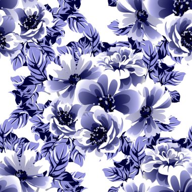 Kusursuz mavi monokrom klasik çiçek deseni