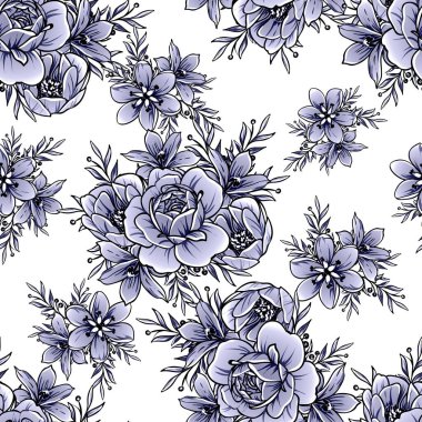 Kusursuz mavi monokrom klasik çiçek deseni