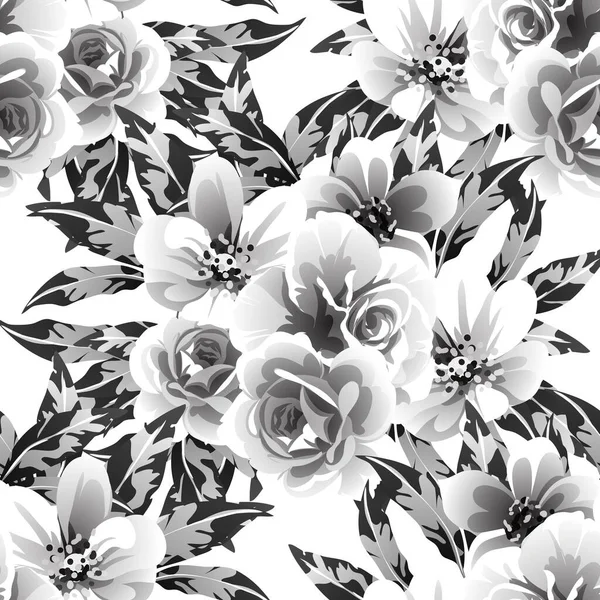 Inconsútil Patrón Flores Estilo Vintage Monocromo — Vector de stock