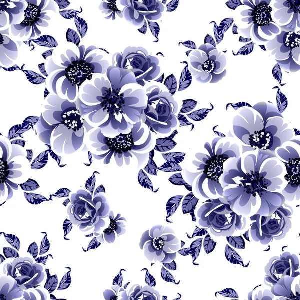 Azul Sem Costura Monocromático Estilo Vintage Padrão Flores — Vetor de Stock