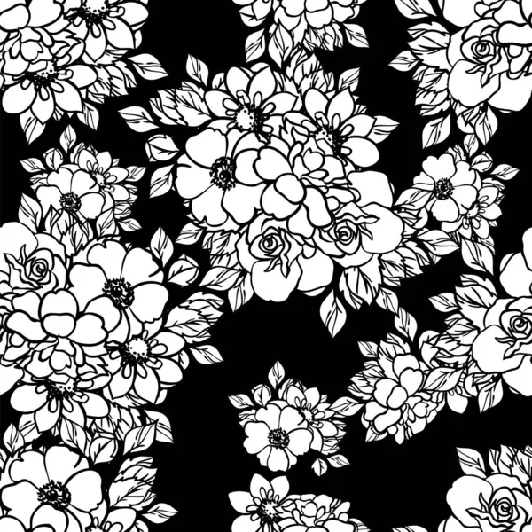 Nahtloses Monochromes Blumenmuster Vintage Stil — Stockvektor