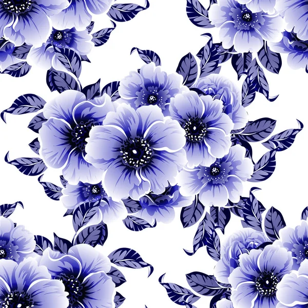 Seamless Blue Monochrome Vintage Style Flowers Pattern — Stock Vector