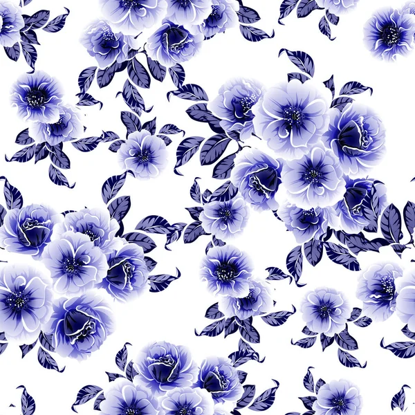 Senza Cuciture Blu Monocromatico Modello Fiori Stile Vintage — Vettoriale Stock