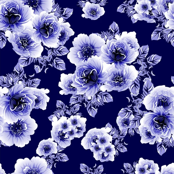 Azul Sem Costura Monocromático Estilo Vintage Padrão Flores — Vetor de Stock