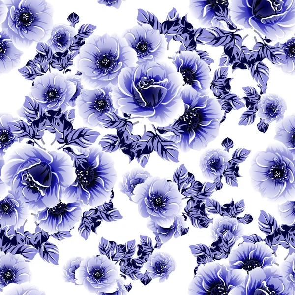 Patrón Flores Estilo Vintage Monocromo Azul Sin Costuras — Vector de stock