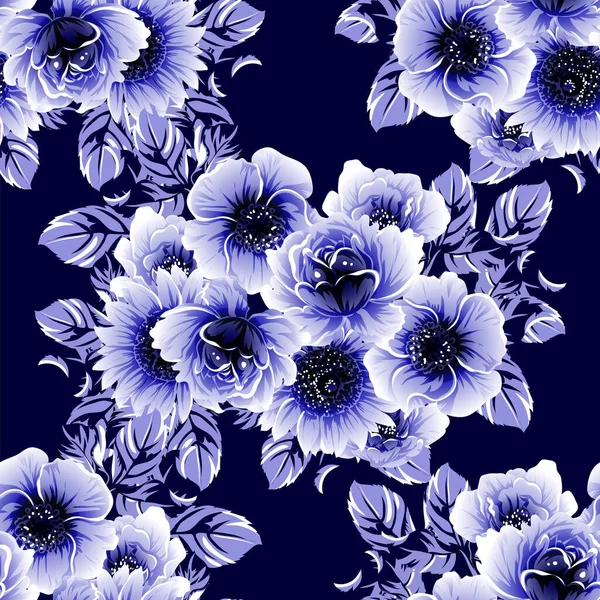 Senza Cuciture Blu Monocromatico Modello Fiori Stile Vintage — Vettoriale Stock