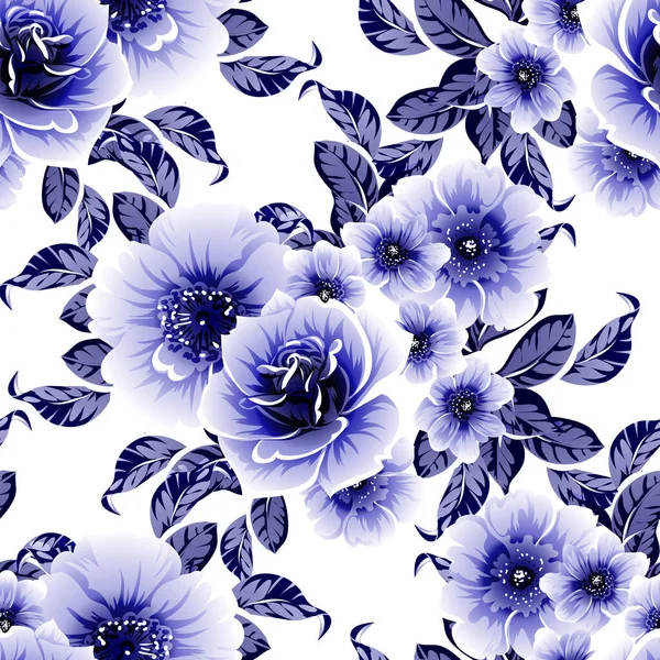 Bezešvé Modré Monochromatický Vinobraní Styl Květiny Vzor — Stockový vektor