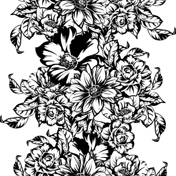 Płynny Monochromatyczny Vintage Styl Kwiaty Wzór — Wektor stockowy