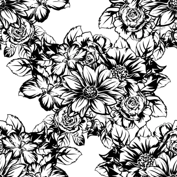 Modèle Fleurs Sans Couture Style Vintage Monochrome — Image vectorielle