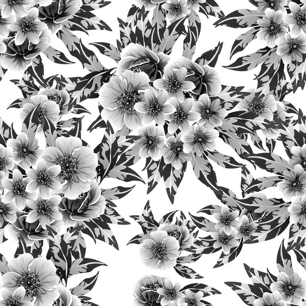 Seamless Monochrome Vintage Style Flowers Pattern — Stock Vector