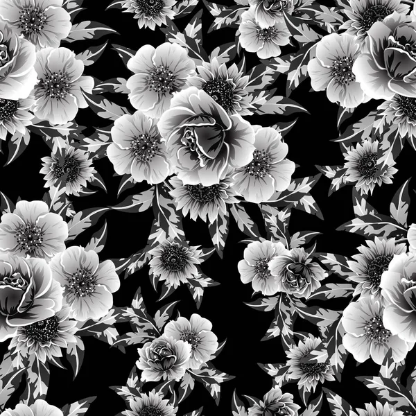 Modèle Fleurs Sans Couture Style Vintage Monochrome — Image vectorielle