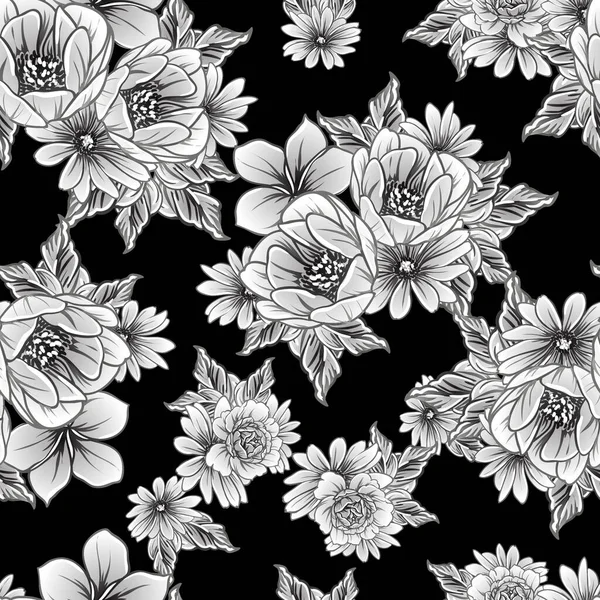 Naadloze Monochrome Vintage Stijl Bloemen Patroon — Stockvector