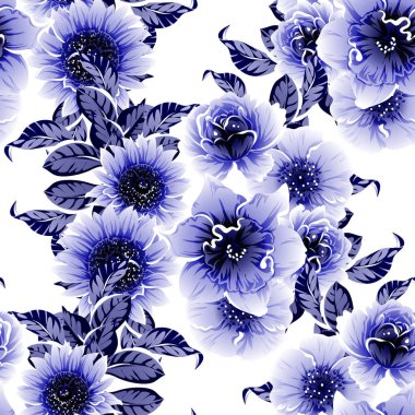 Kusursuz mavi monokrom klasik çiçek deseni