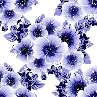 Kusursuz mavi monokrom klasik çiçek deseni