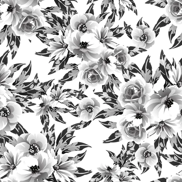 Inconsútil Patrón Flores Estilo Vintage Monocromo — Vector de stock