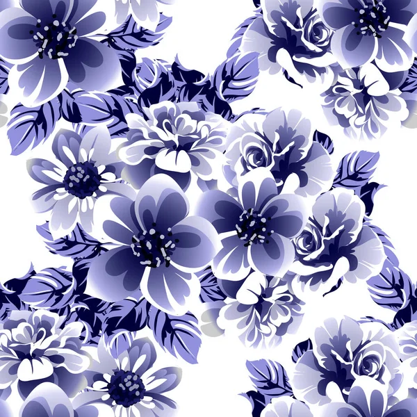 Patrón Flores Estilo Vintage Monocromo Azul Sin Costuras — Vector de stock