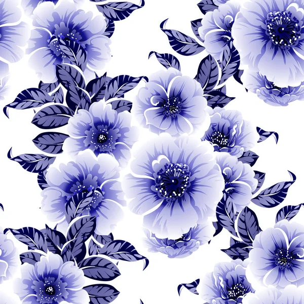 Цветы Бесшовного Синего Монохромного Винтажного Стиля — стоковый вектор