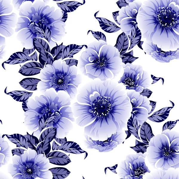 Sans Couture Bleu Monochrome Motif Fleurs Style Vintage — Image vectorielle