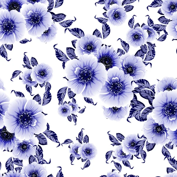 Seamless Blue Monochrome Vintage Style Flowers Pattern — Stock Vector