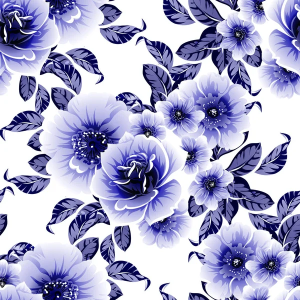 Seamless Blue Monochrome Vintage Style Flowers Pattern — Stock Vector